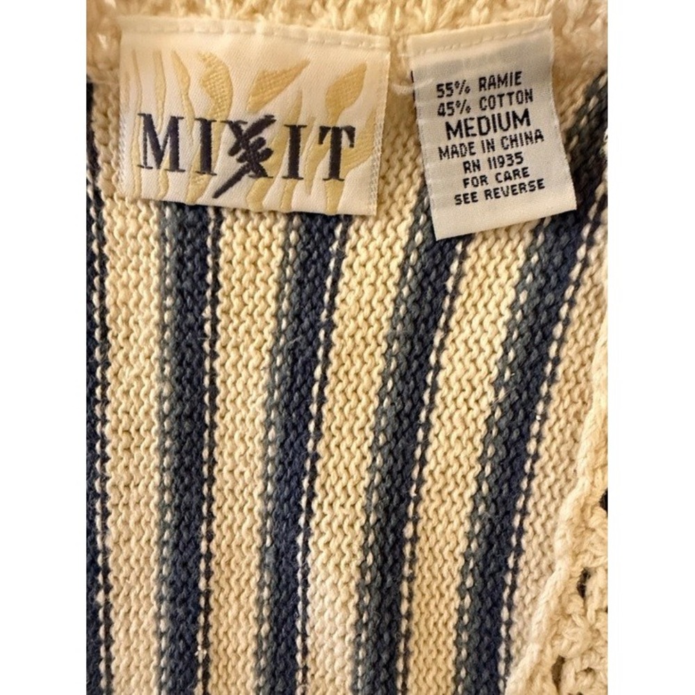 Mixit Womens Medium Floral Striped Knit Sweater Vest Blue Cream Ramie Cotton - Picture 2 of 10